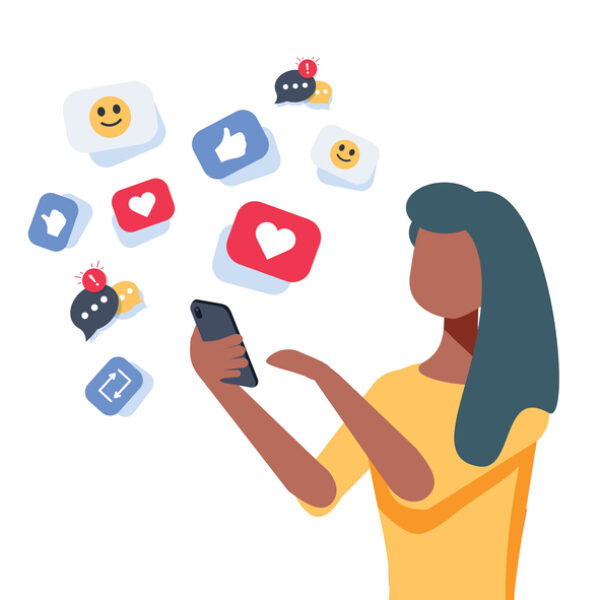 Young african-american woman using a smartphone with many social media heart like icons. Woman getting likes in social network. Vector cartoon illustration isolated on white background. Square layout.